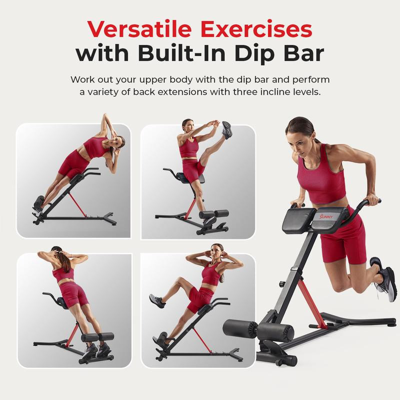 Sunny Health & Fitness Hyperextension Roman Chair, Home Gym Workout Fitness, Back Extension & Core/Glute Training, Built-In Dip Bar Station, Adjustable & Foldable, Heavy-Duty Frame, 330 Lbs Capacity