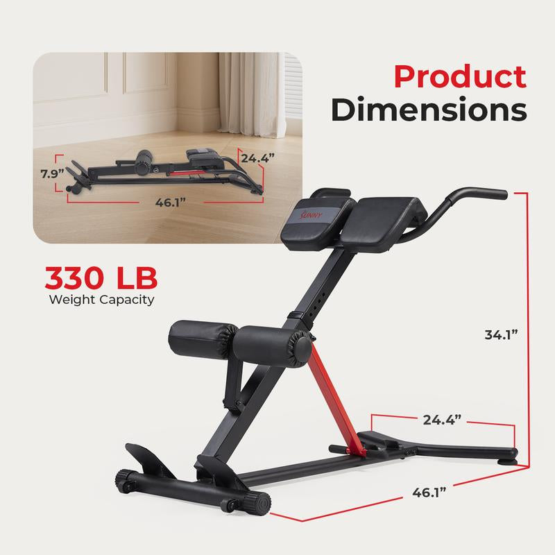 Sunny Health & Fitness Hyperextension Roman Chair, Home Gym Workout Fitness, Back Extension & Core/Glute Training, Built-In Dip Bar Station, Adjustable & Foldable, Heavy-Duty Frame, 330 Lbs Capacity