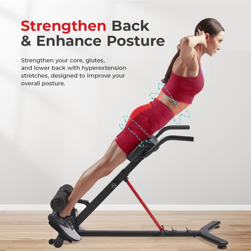 Sunny Health & Fitness Hyperextension Roman Chair, Home Gym Workout Fitness, Back Extension & Core/Glute Training, Built-In Dip Bar Station, Adjustable & Foldable, Heavy-Duty Frame, 330 Lbs Capacity
